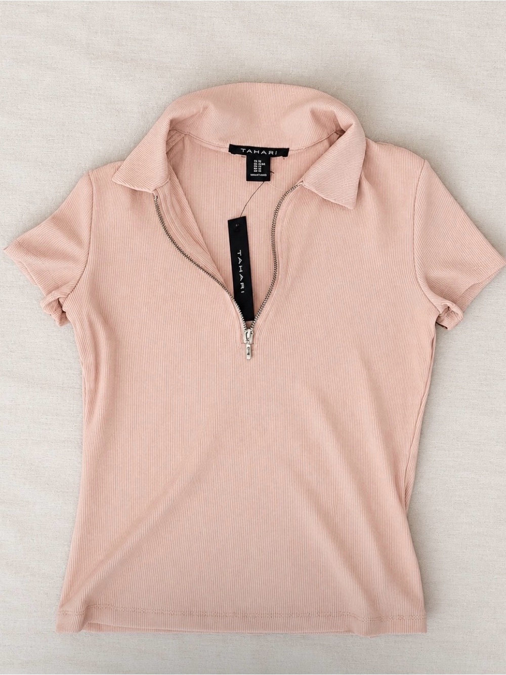 Tahari Blush Ribbed Zip-Collar Polo